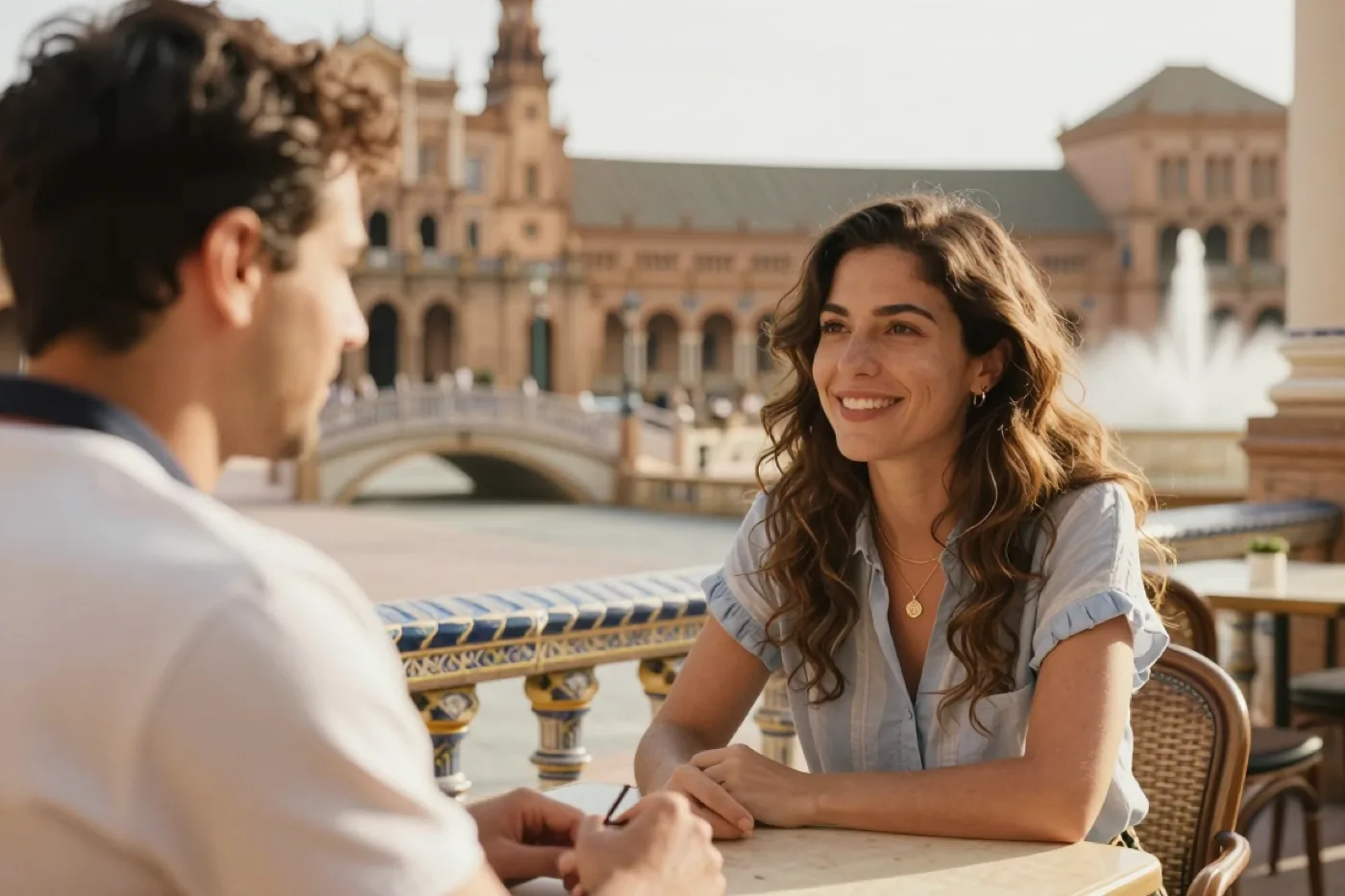 A traveller chatting with a local at a café table in Plaza de España, Seville, in warm afternoon light