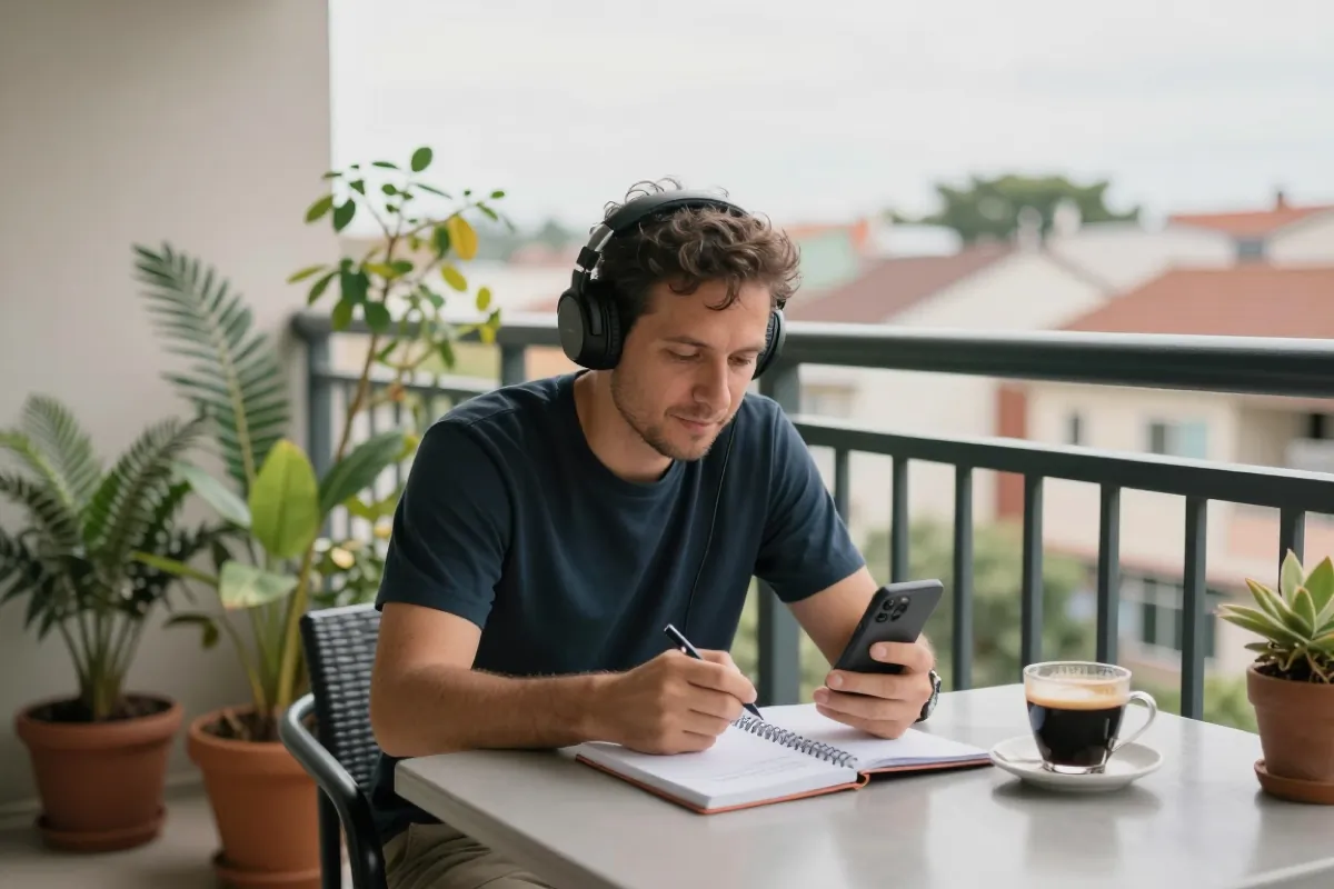 A man on a sunny balcony with headphones on, following a lesson on his phone and taking notes