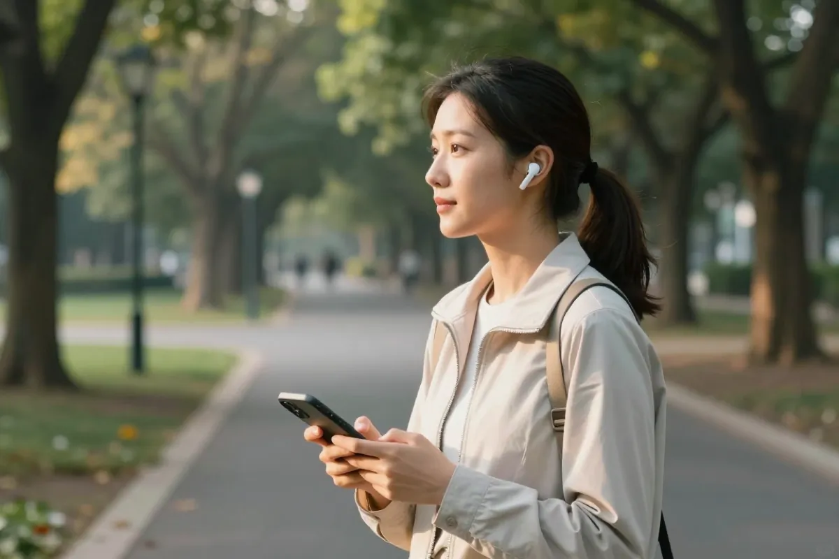 A woman walking through a park with earbuds in and her phone in hand