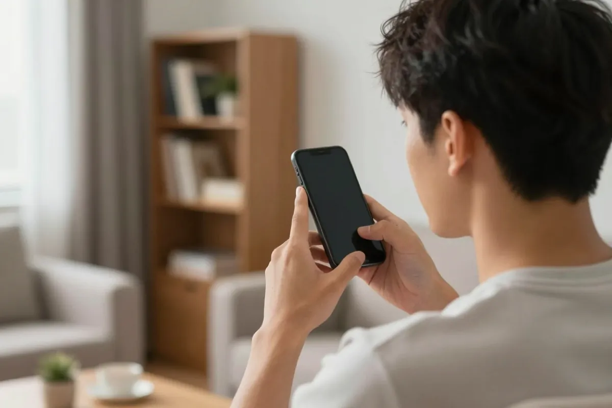 Over the shoulder of a young man speaking into his phone in a quiet living room